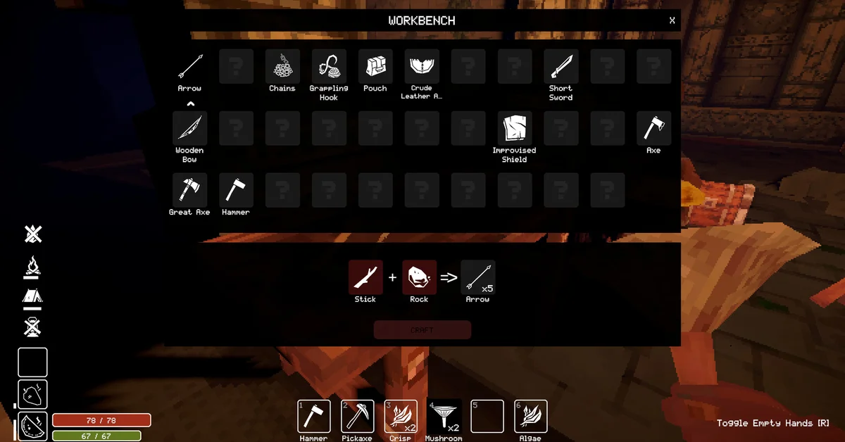 The workbench crafting menu open at camp in Deep Dish Dungeon