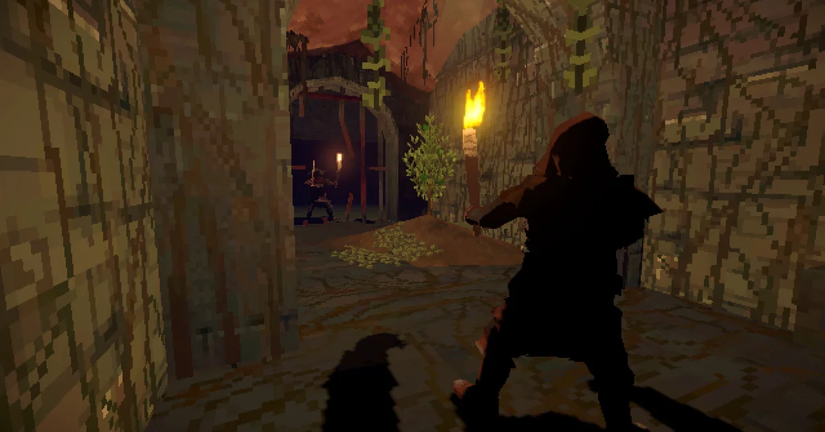 A hooded adventurer carries a torch down a dark stone corridor in Deep Dish Dungeon