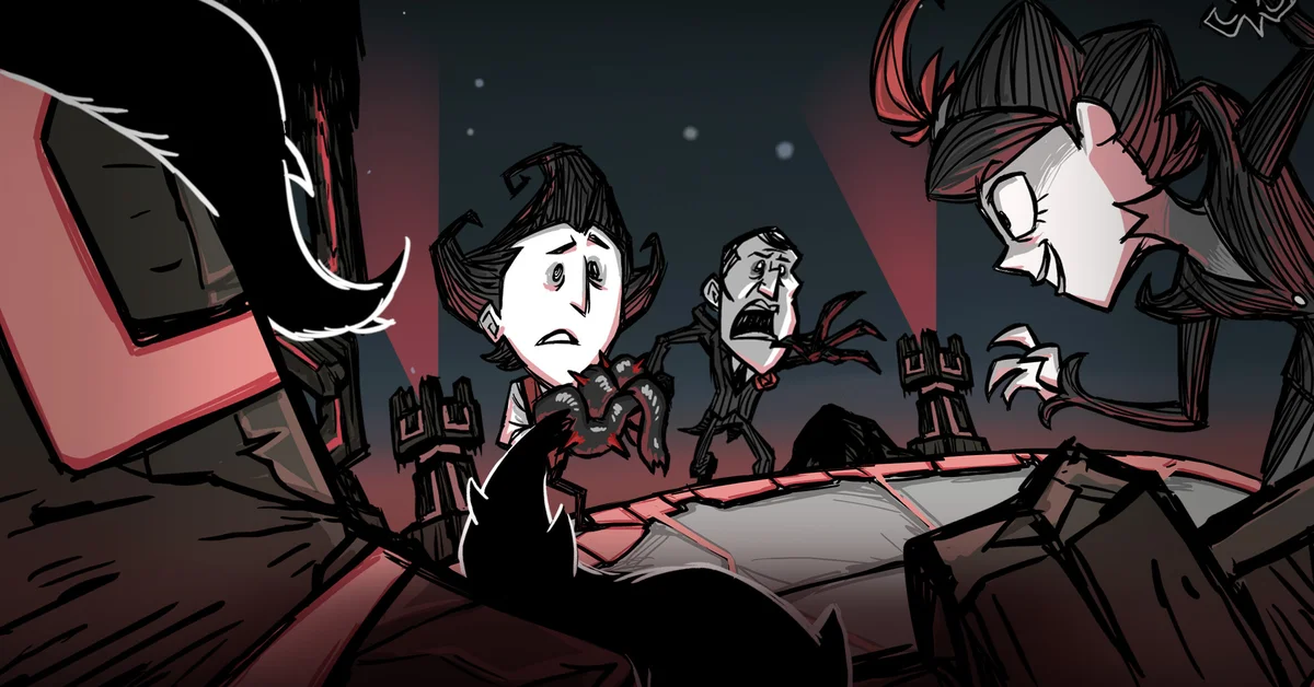 Two survivors recoil as a grinning, wild-haired figure looms over them in official Don't Starve Together art
