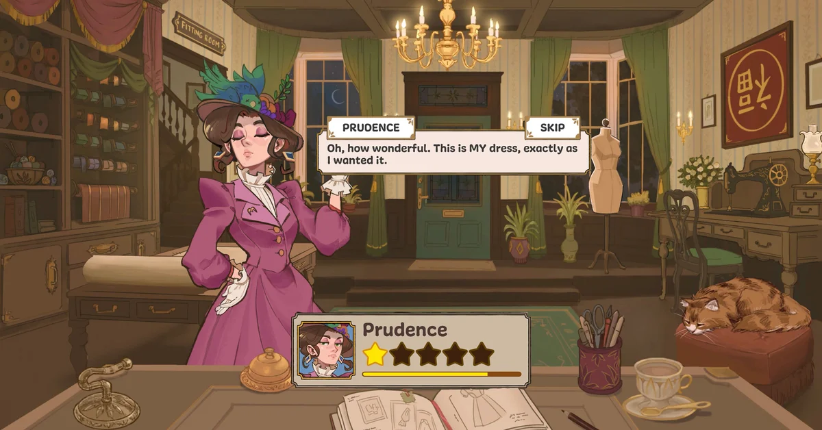 A client named Prudence admiring her finished dress in Dressmaker's shop