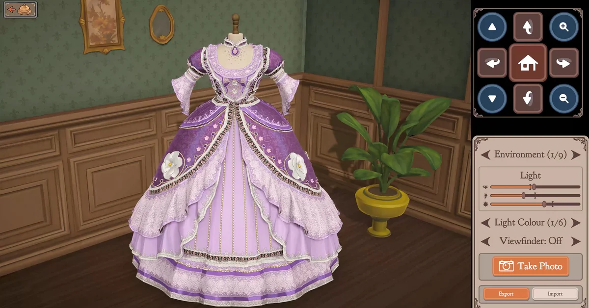 A purple ball gown on a mannequin in Dressmaker