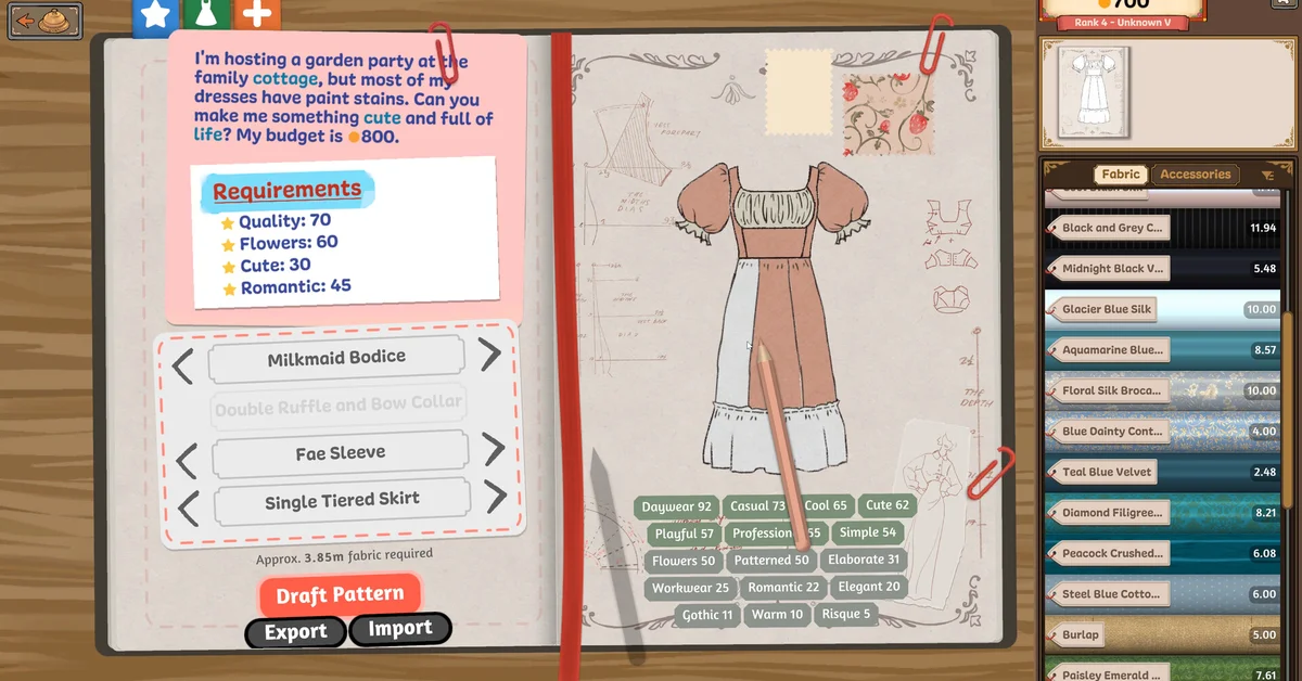 A commission request and sketchbook pattern page in Dressmaker