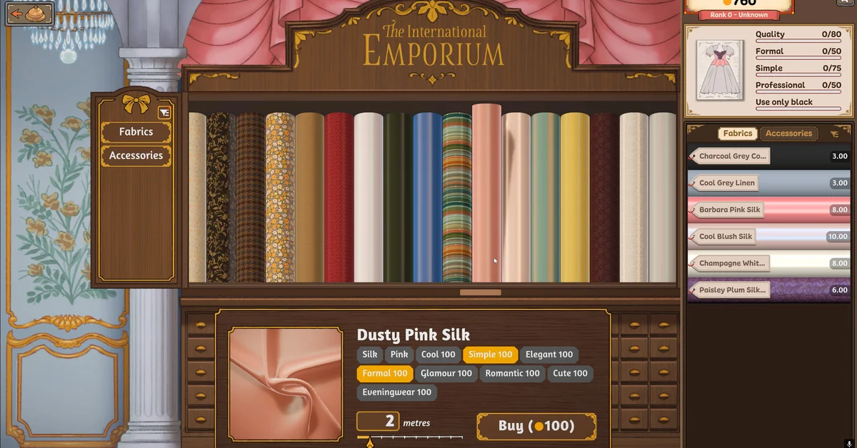 The International Emporium fabric shop showing Dusty Pink Silk and its tags in Dressmaker