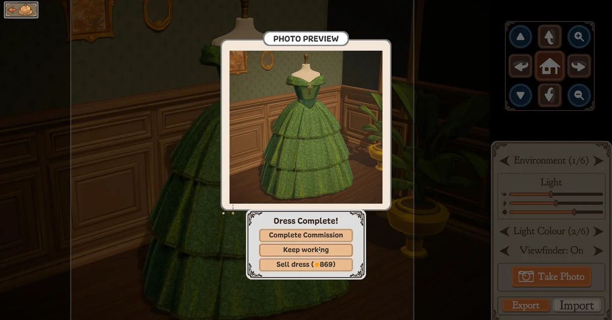 The Dress Complete screen with Complete Commission, Keep working and Sell dress options in Dressmaker