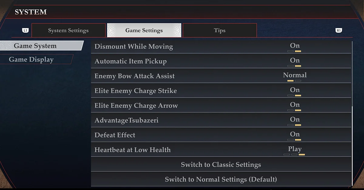 The System menu in Dynasty Warriors 3 Complete Edition Remastered showing game settings and the Switch to Classic Settings option