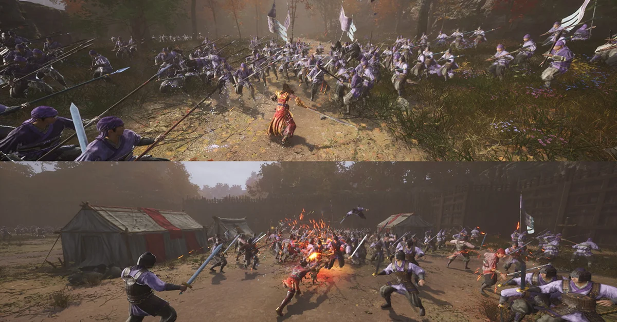 Two-player split screen in Dynasty Warriors 3 Complete Edition Remastered with both players fighting soldiers on one battlefield