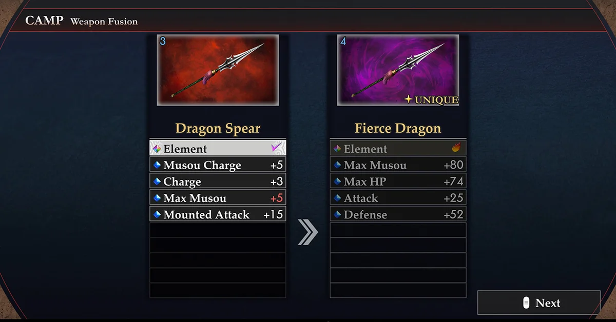 The Weapon Fusion screen in Dynasty Warriors 3 Complete Edition Remastered comparing a Dragon Spear and the unique Fierce Dragon