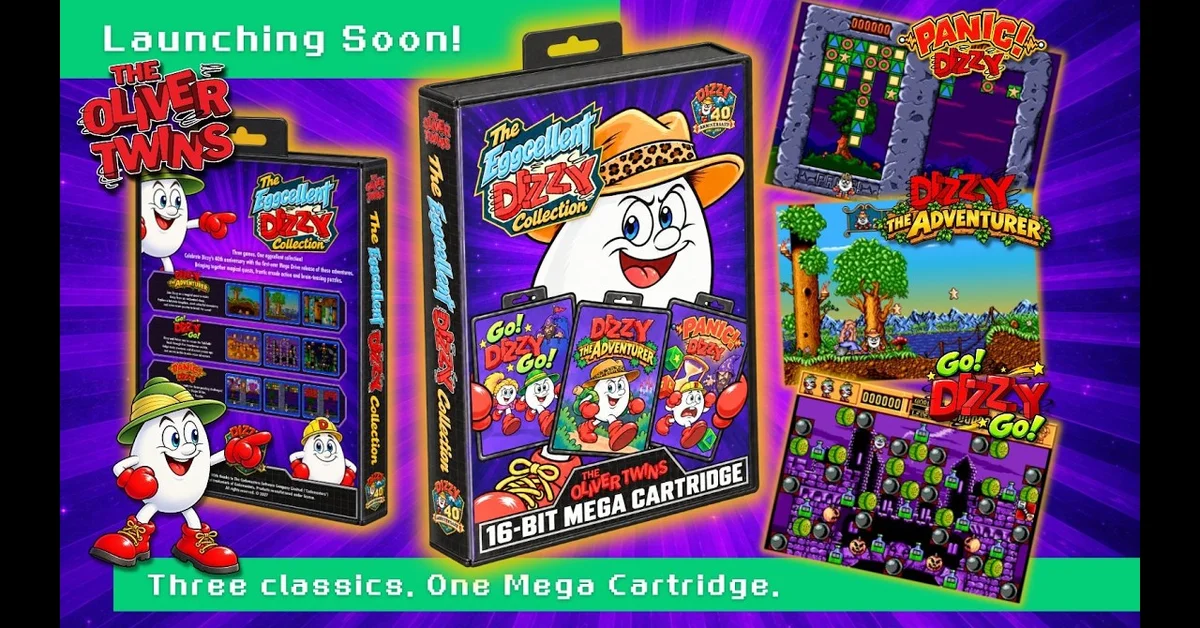 The Eggcellent Dizzy Collection Mega Drive box art beside screenshots of Panic! Dizzy, Dizzy the Adventurer and Go! Dizzy Go! in an official Oliver Twins image
