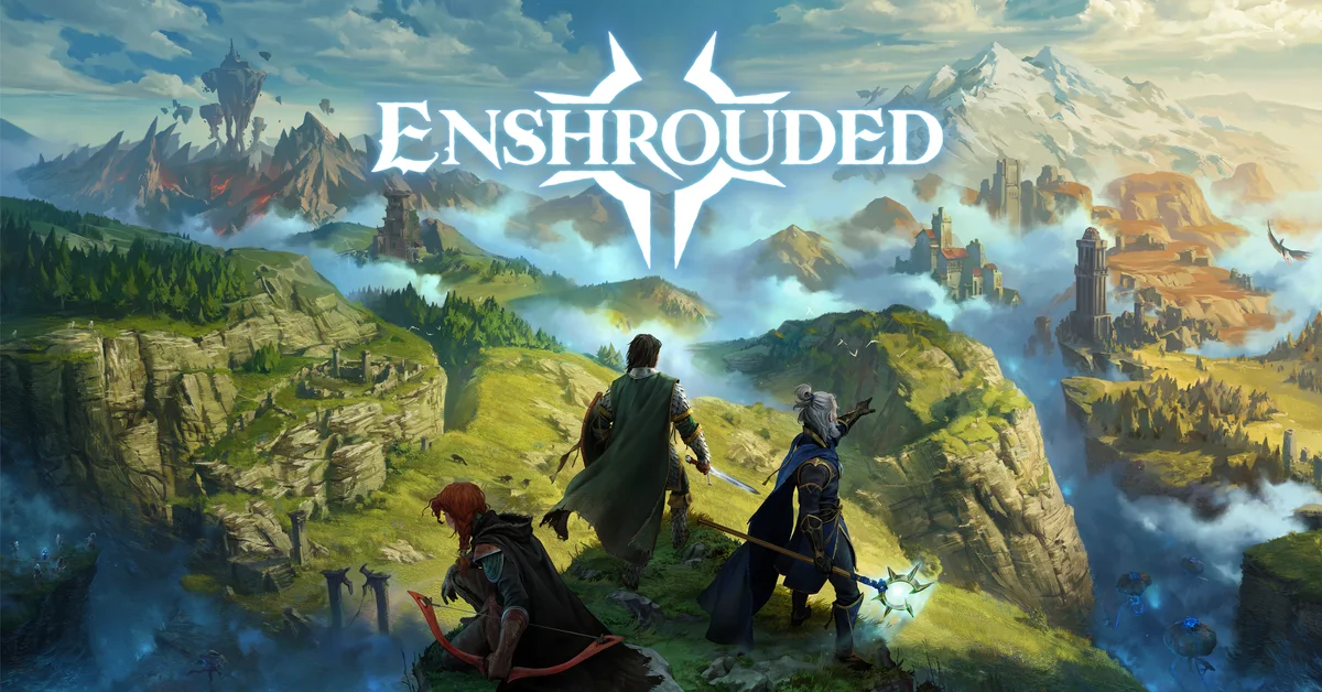 Enshrouded 1.0 key art of three Flameborn heroes looking out over the valleys and floating ruins of Embervale