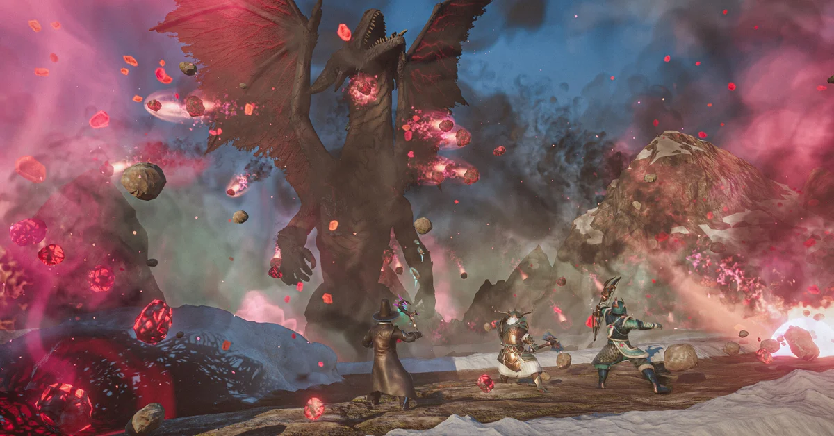 Flameborn warriors fighting a winged dragon-like boss amid red crystal shards in Enshrouded