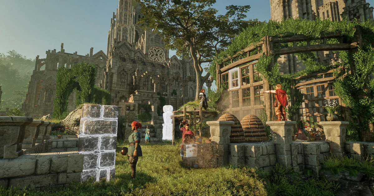 A Flameborn building a stone base among overgrown ruins and a cathedral in Enshrouded