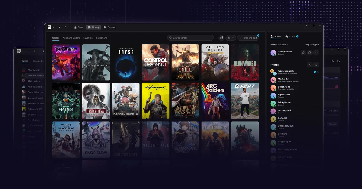 The new Epic Games Launcher library view with a grid of game tiles and a friends list