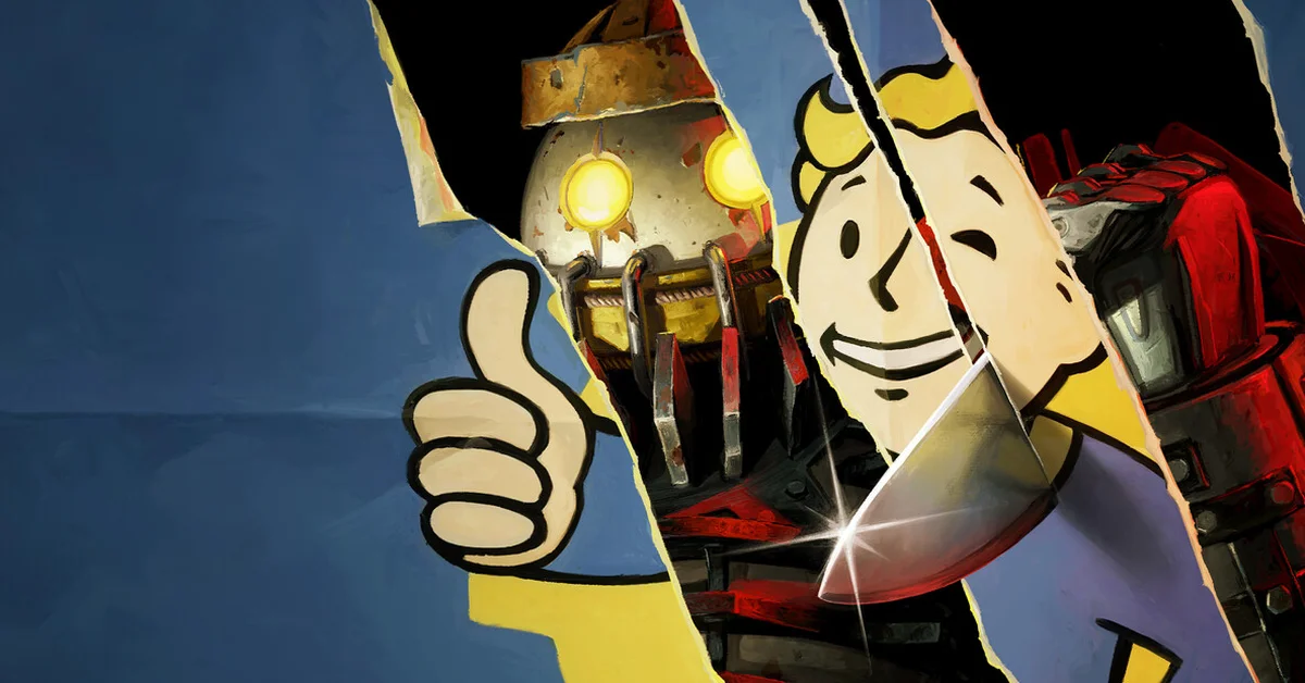 Vault Boy gives a thumbs up beside a rusty robot and a red armored figure in torn-poster style official Fallout 76 art