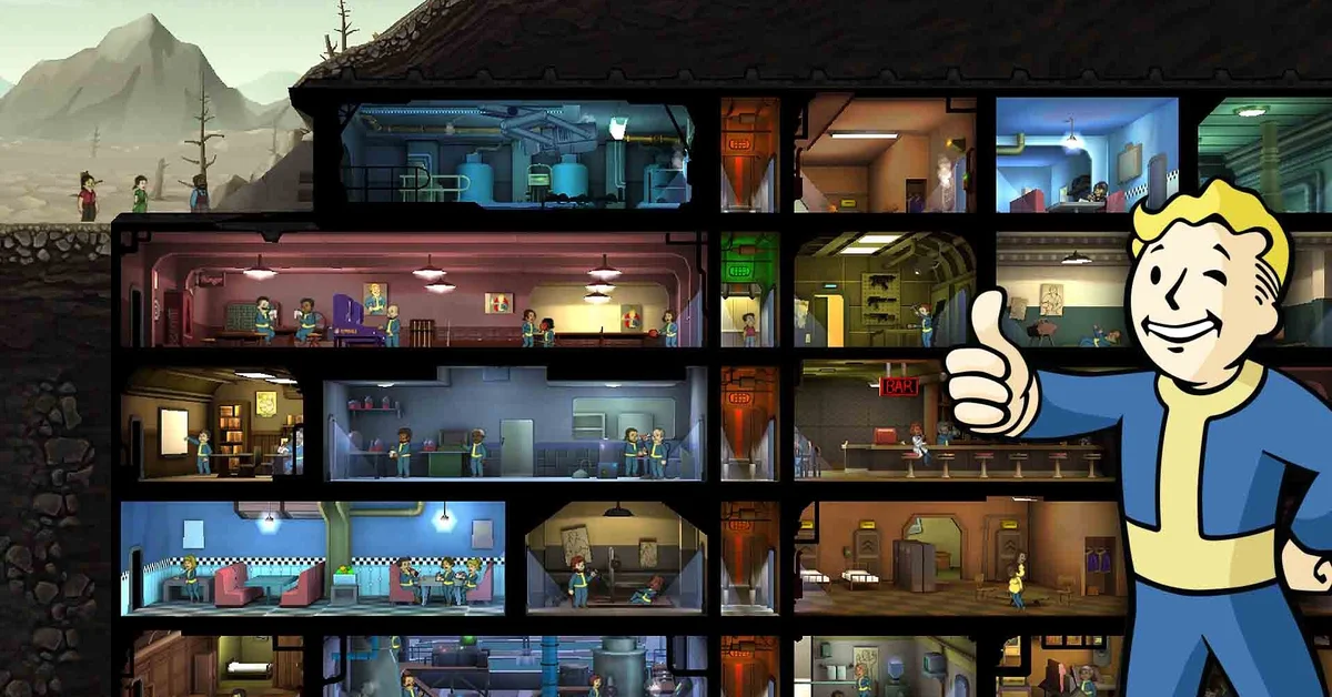 Fallout Shelter's underground vault cut away to show dwellers in each room, with Vault Boy giving a thumbs up, from Bethesda's official screenshots
