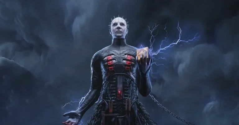 Official Clive Barker's Hellraiser: Revival key art of Pinhead holding a glowing puzzle box under a stormy sky