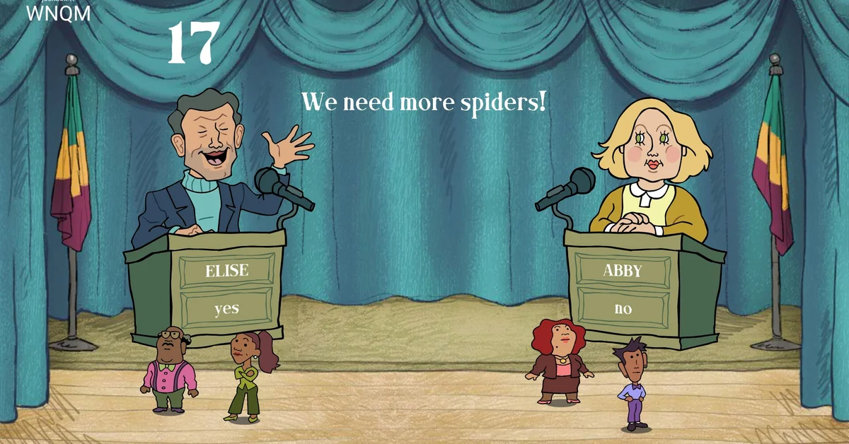 Two debaters at podiums arguing the topic We need more spiders in Debate and Switch from The Jackbox Party Pack 12