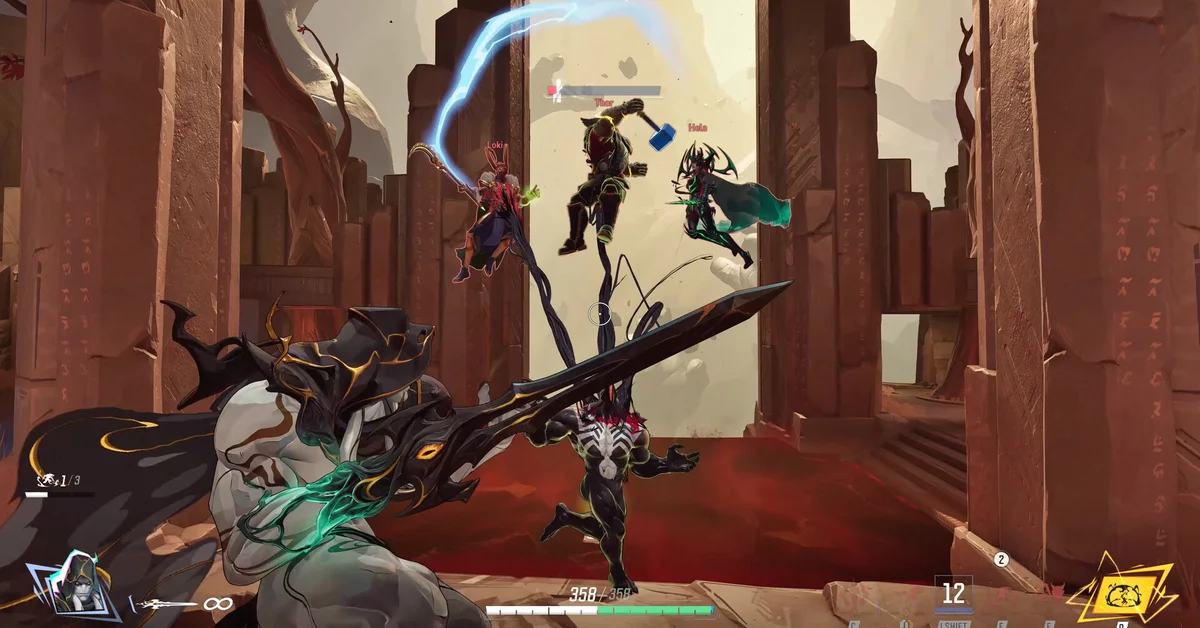 Heroes clashing in a sandstone arena while one leaps in with a crackling weapon in Marvel Rivals