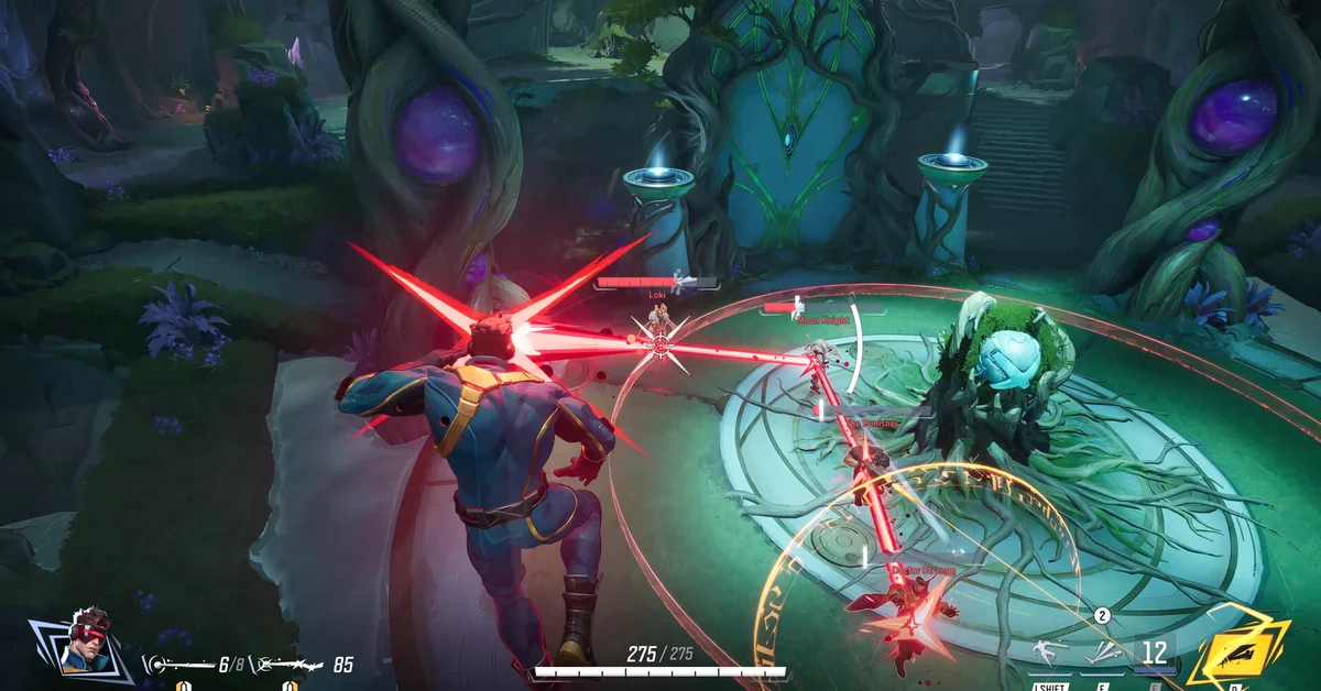 A hero firing a red beam across a jungle arena lit by purple orbs in Marvel Rivals