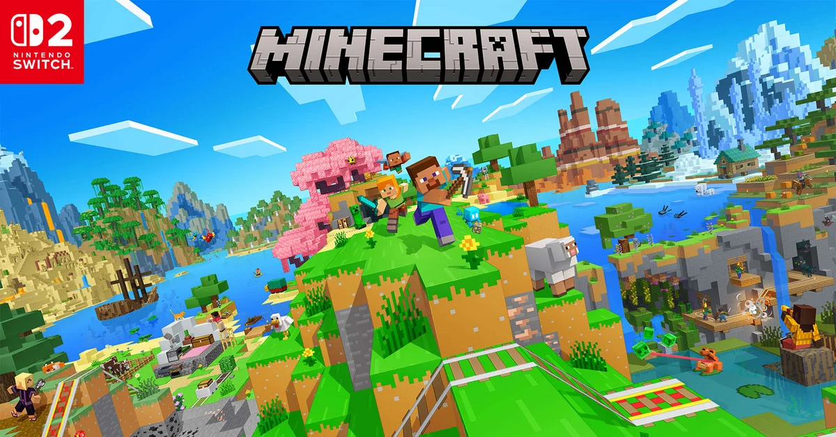 Official Minecraft for Nintendo Switch 2 key art with the Switch 2 logo and players exploring a colorful blocky world