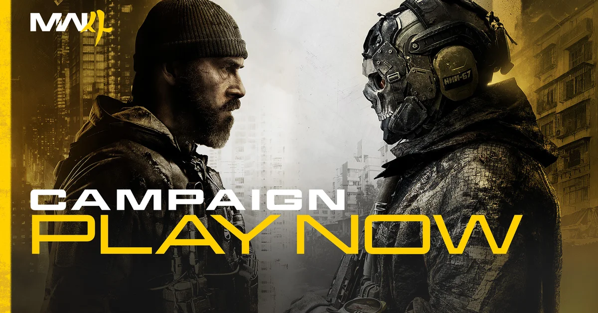 Captain Price and Ghost face each other on Modern Warfare 4's Campaign Play Now artwork