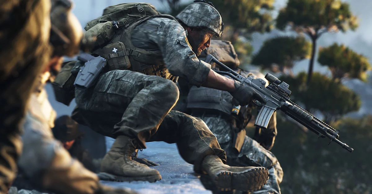 South Korean soldiers crouched with rifles in a snowy pine forest in Call of Duty Modern Warfare 4
