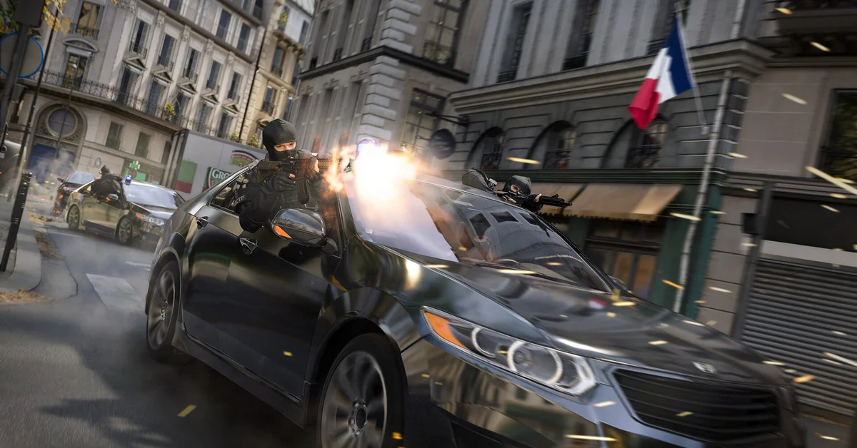 A masked gunman firing from a car during a street chase through Paris in Call of Duty Modern Warfare 4