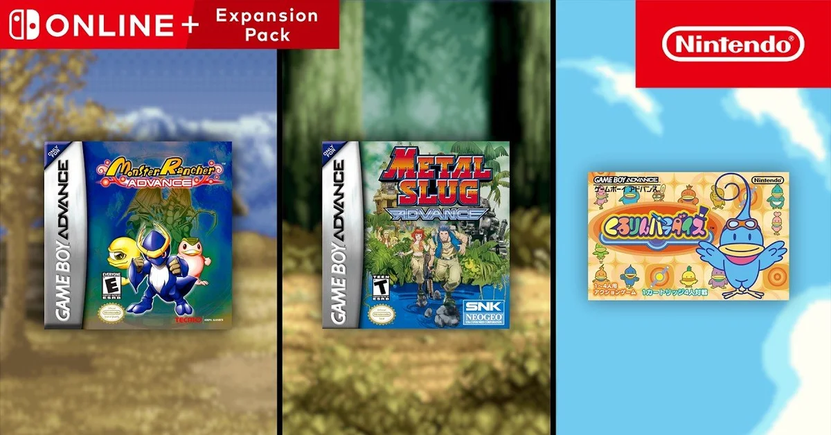 Nintendo Switch Online Expansion Pack art showing the Monster Rancher Advance, Metal Slug Advance and Kururin Paradise boxes