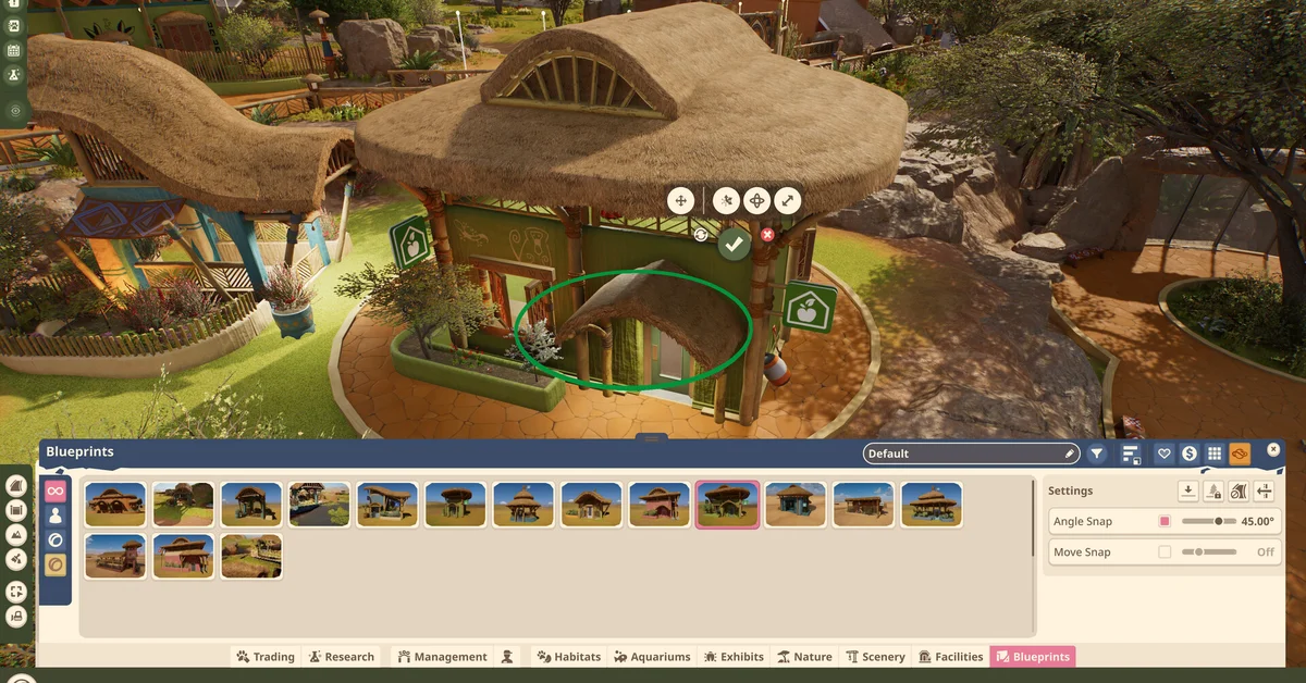 Placing a thatched food shop from the Blueprints menu in Planet Zoo 2