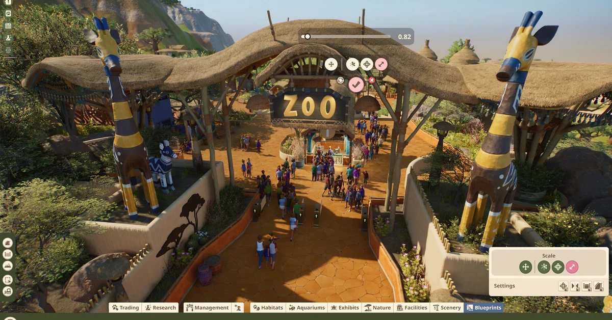 Guests walking through a thatched zoo entrance with giraffe statues in Planet Zoo 2