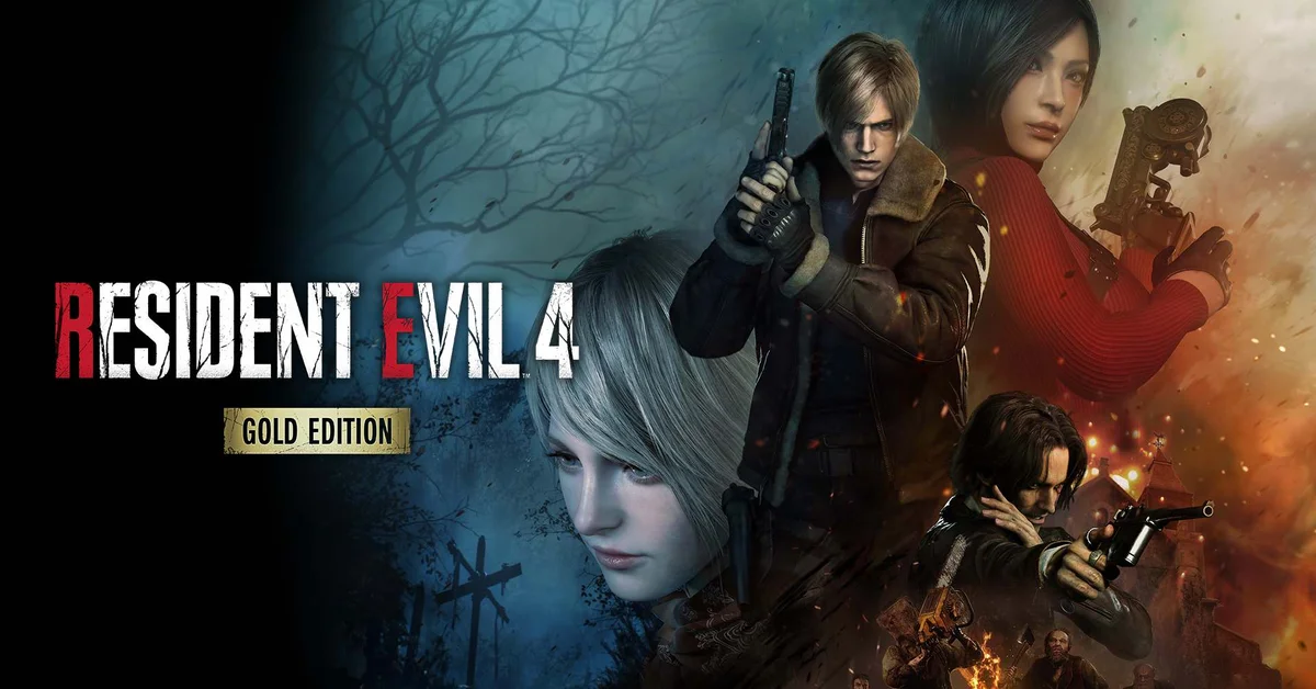 Resident Evil 4 Gold Edition key art showing Leon, Ada, Ashley and Luis