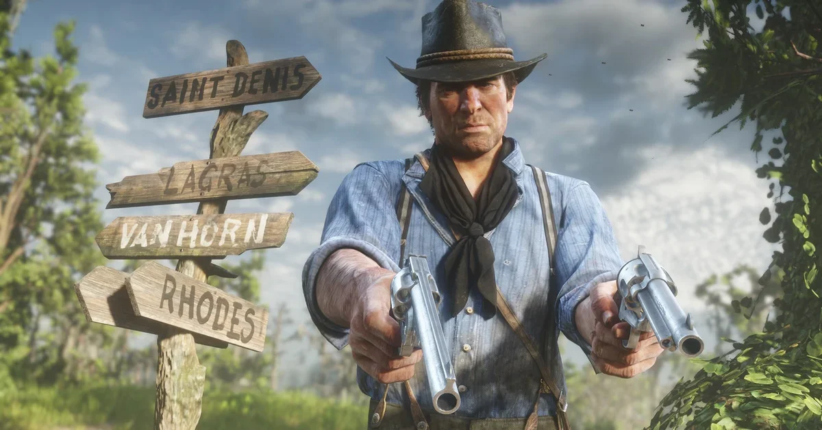 Arthur Morgan aiming two revolvers beside a signpost pointing to Saint Denis, Lagras, Van Horn and Rhodes in Red Dead Redemption 2