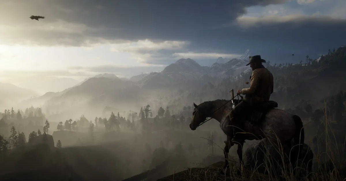 Arthur Morgan on horseback looking out over a misty mountain valley under a cloudy sky in Red Dead Redemption 2