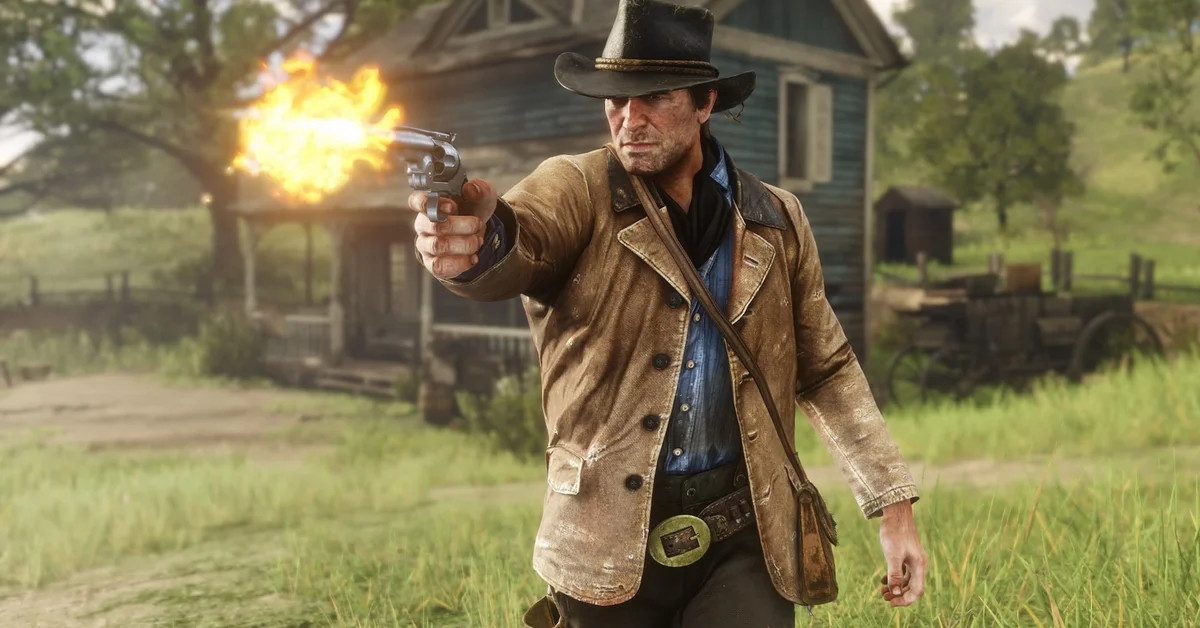 Arthur Morgan firing a revolver in a grassy field outside a blue farmhouse in Red Dead Redemption 2