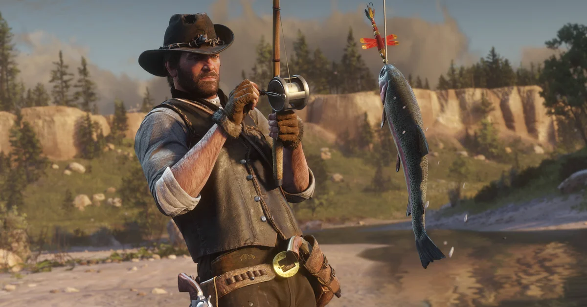 Arthur Morgan holding up a freshly caught trout on his fishing line beside a river in Red Dead Redemption 2