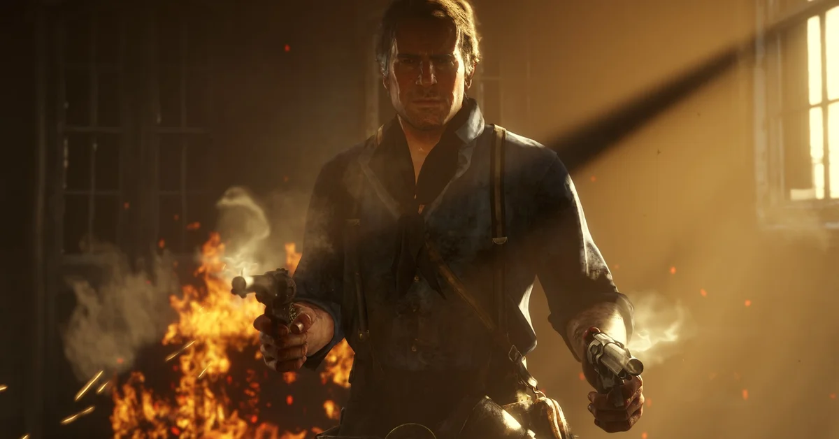 Arthur Morgan without his hat, holding two revolvers in a smoky burning room in Red Dead Redemption 2