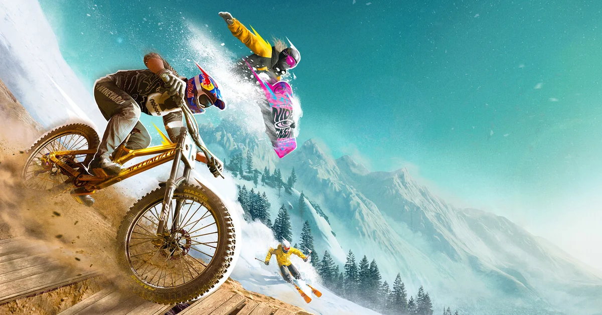 A mountain biker and a snowboarder racing down a snowy slope in official Riders Republic art