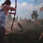Rust players trade fire with rifles, pistols and a bow outside a ramshackle base in official Rust art