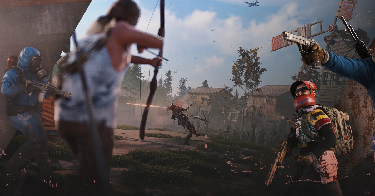 Rust players trade fire with rifles, pistols and a bow outside a ramshackle base in official Rust art