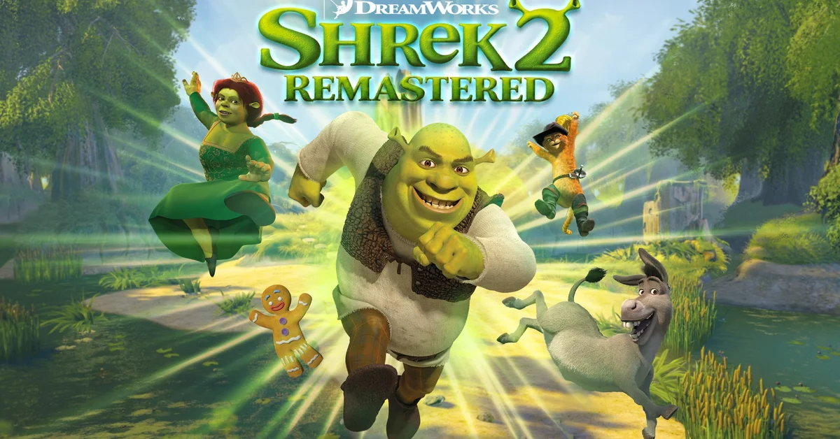 Shrek 2 Remastered key art showing Shrek running toward the camera with Fiona, Donkey, Puss in Boots and Gingy on a sunlit forest path