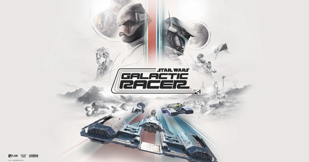 Official Star Wars Galactic Racer key art showing the logo above a pack of speeders and podracers racing toward the camera