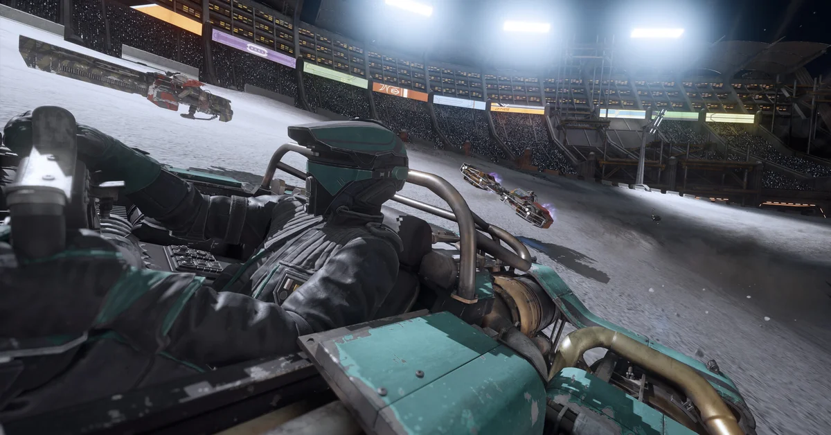 A helmeted pilot in an open cockpit racing through a floodlit stadium packed with spectators in Star Wars Galactic Racer