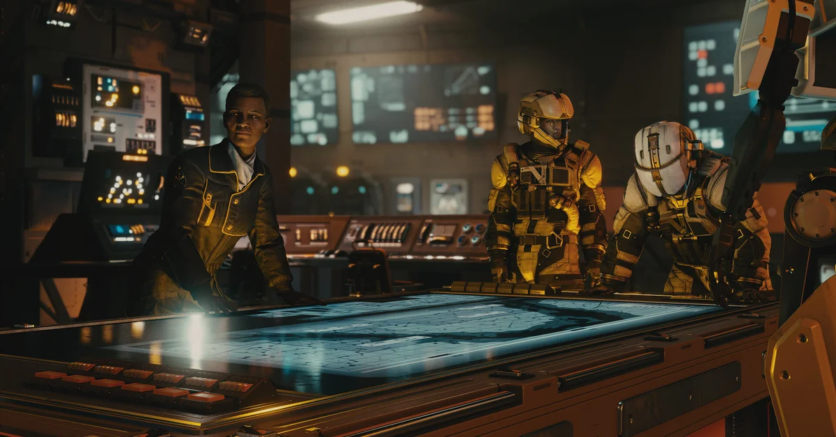 Starfield gameplay: crew members gathered around a holographic map table