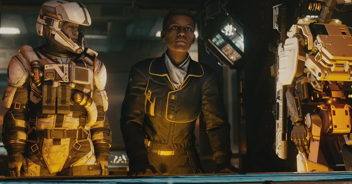 Starfield gameplay: armored characters talking aboard a ship