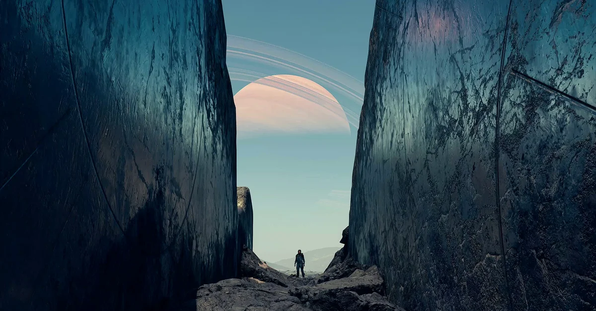 Starfield gameplay: an explorer walking through a canyon under a ringed planet