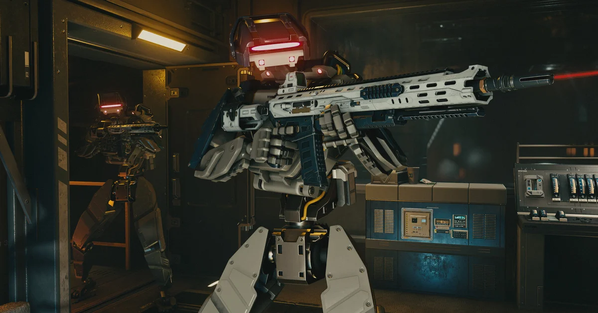 Starfield gameplay: an armed robot in a dim ship corridor