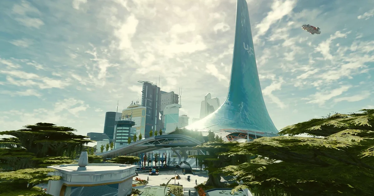 Starfield gameplay: the city of New Atlantis on Jemison