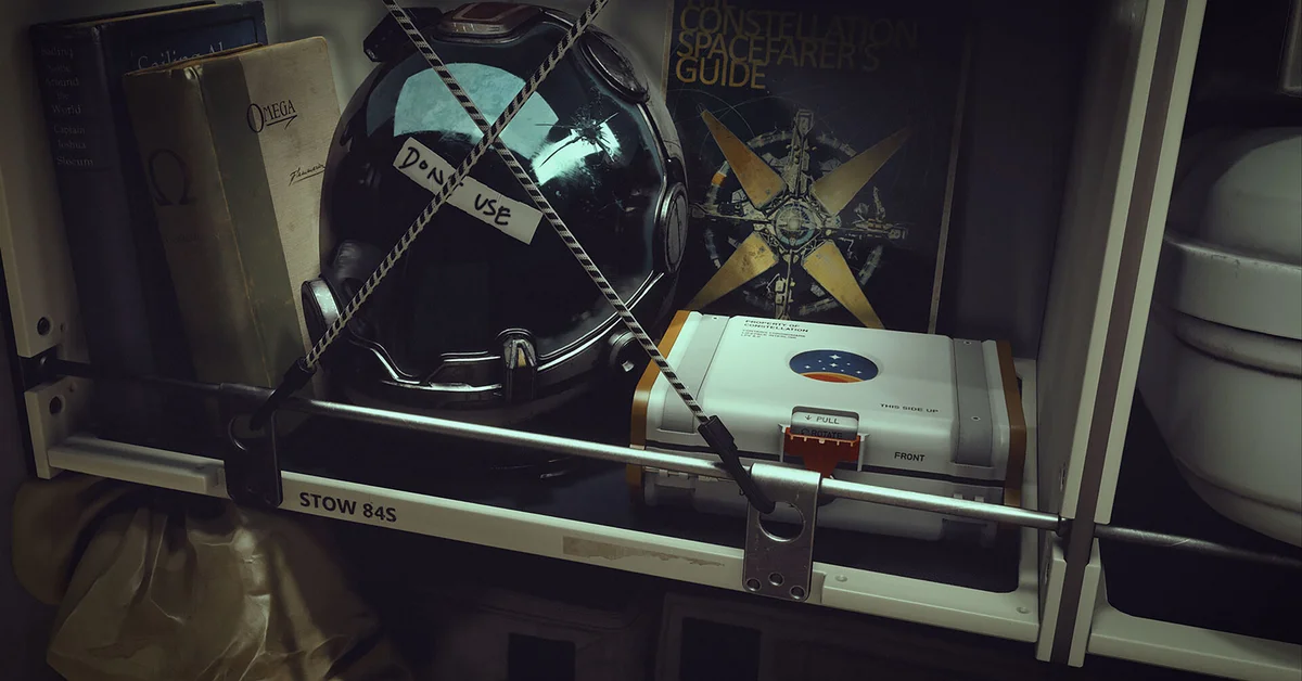 Starfield gameplay: gear stowed in a ship locker