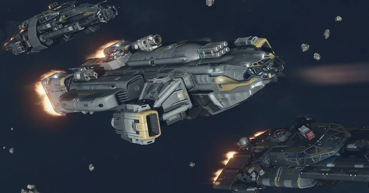Starfield gameplay: two starships flying through space