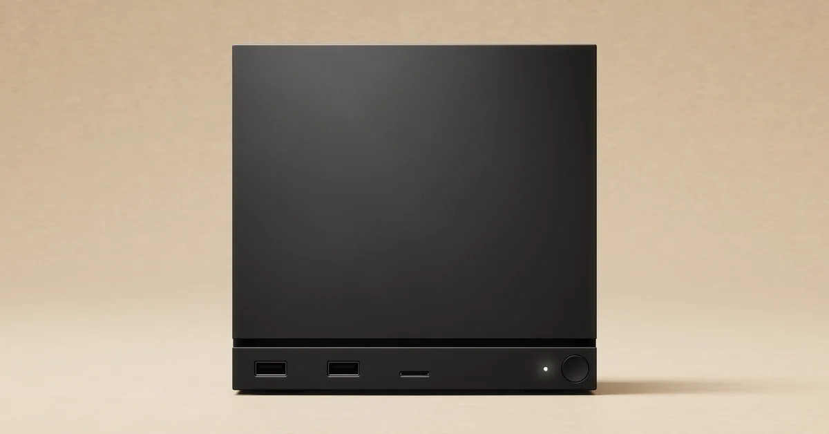 Front of Valve's Steam Machine showing two USB-A ports, the microSD card slot and the power button, from Valve's official store images