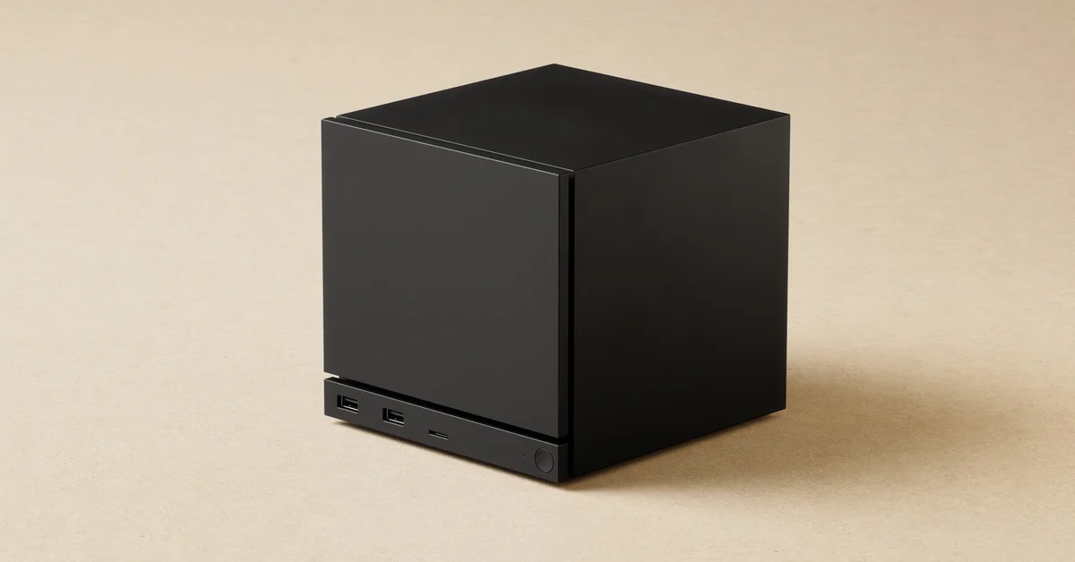 Valve's Steam Machine, a black cube-shaped PC, shown from a three-quarter angle in Valve's official store image